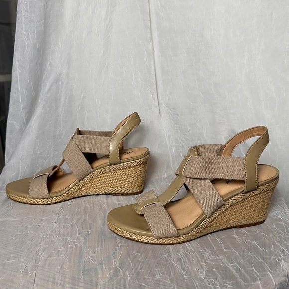 Lucky Brand Cork Wedge Heel Espadrilles Sandals T-strap Stretch Slingback 9.5 - Picture 6 of 17